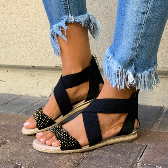 Black Elasticize Straps Studs Vamp Espadrille Flat - Picture 2 of 6